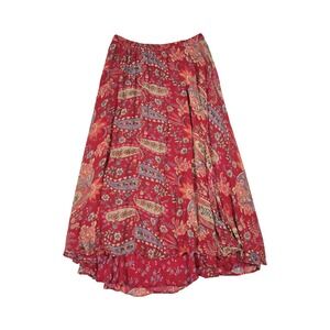 Indira Red Paisley Floral Reversible Maxi Skirt Boho Rayon Flowy LG Hippy, Artsy